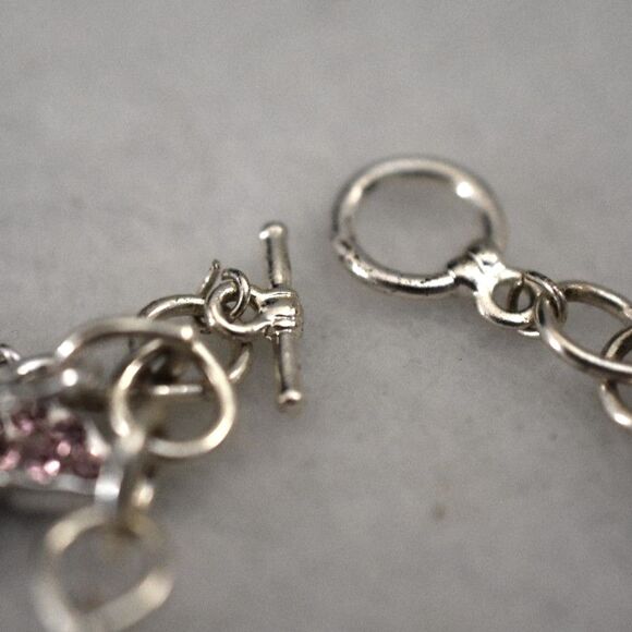 Cancer Awareness Silver Tone Link Chain Pink Rhinestone Accent Charm 7" Bracelet - Picture 2 of 3